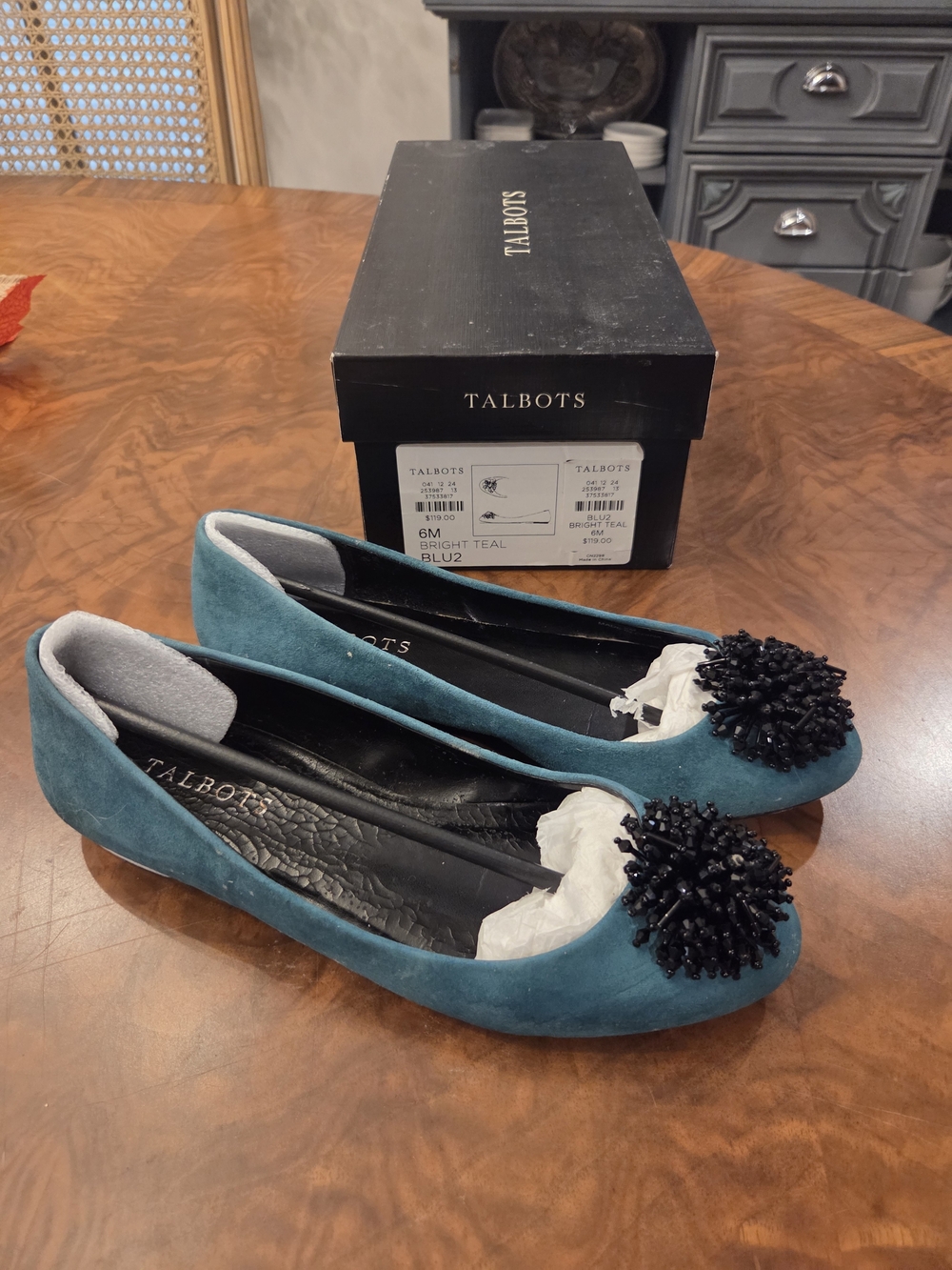Talbots Teal Suede Beaded Pom Ballet Flats